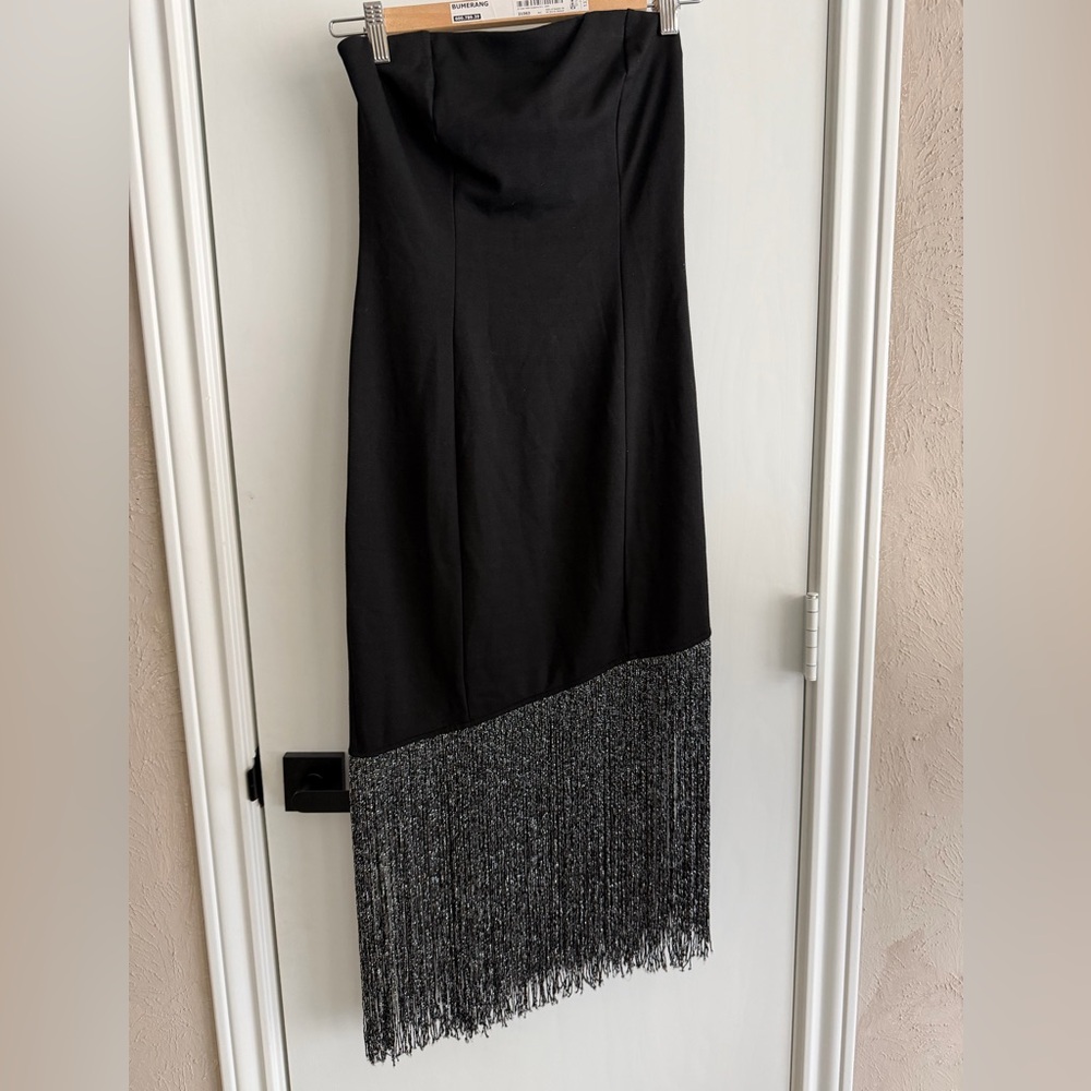 Trendy Sky Black Strapless Dress with Fringe Asymmetrical Hem size M.